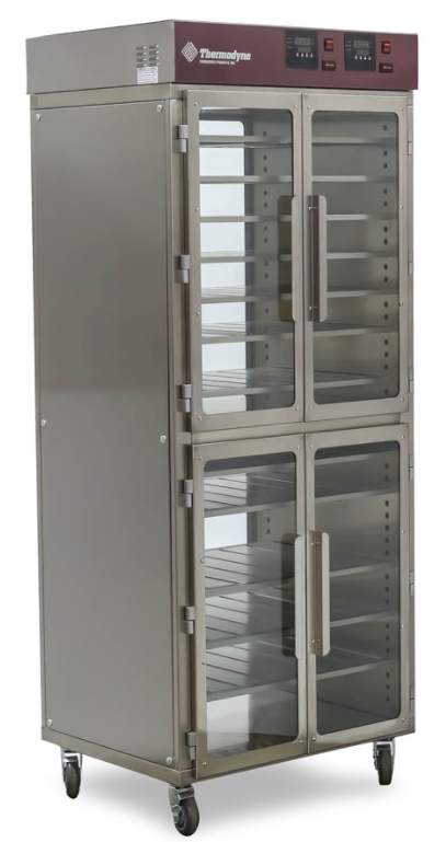 food warmer / cook n hold / floor model - 10 shelf - Thermodyne / 1900-DWDT - DUAL TEMP - 4 glass front doors / ? back - casters - 1ph/208/25a/5250w - U